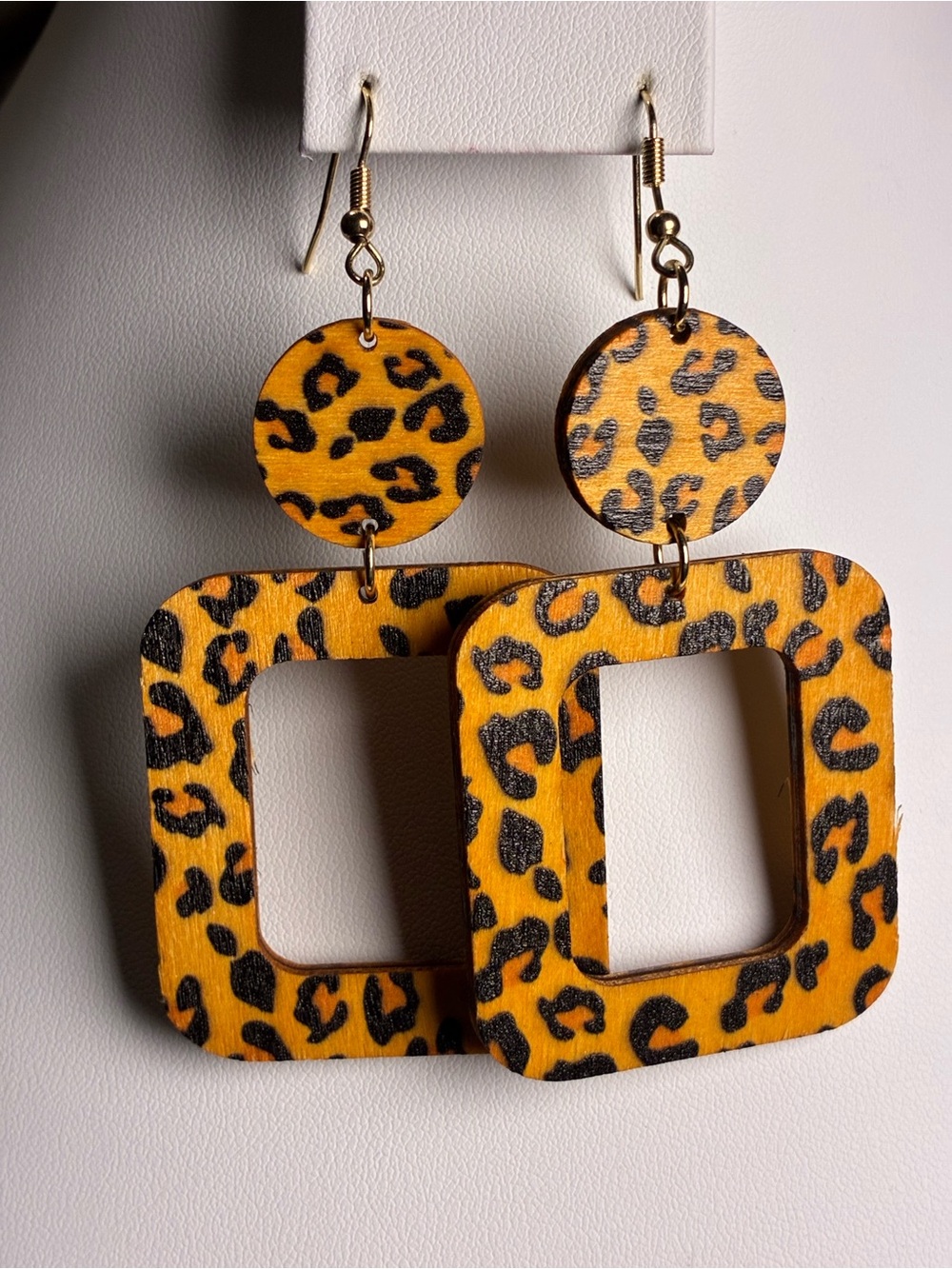 Leopard Print Wooden Dangle Earrings - Yellow